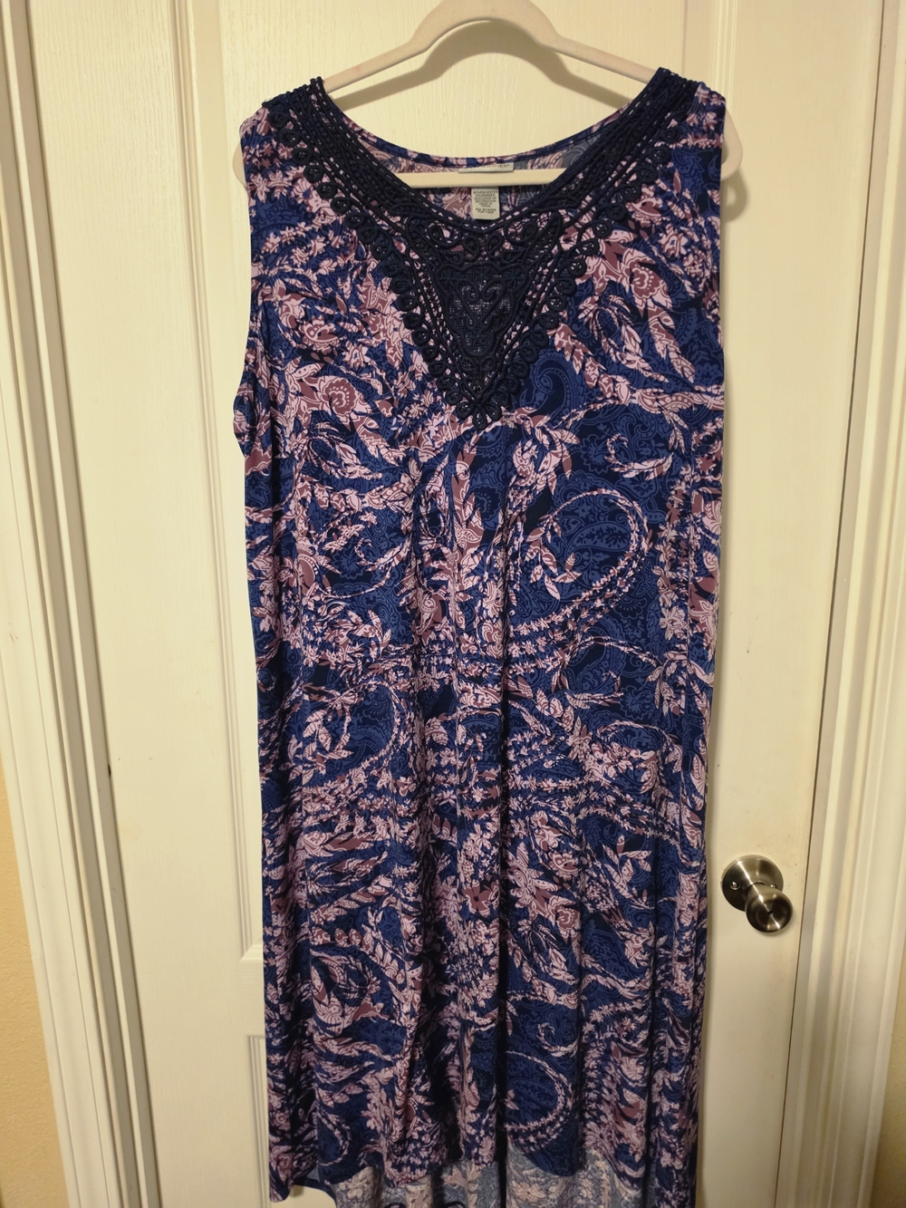 Sleeveless Navy & Pink Paisley Maxi Dress with Crochet Yoke
